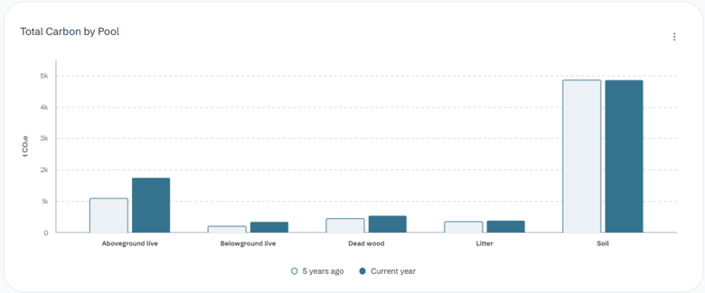 Carbon stock in each carbon pool over the measurement period bar chart