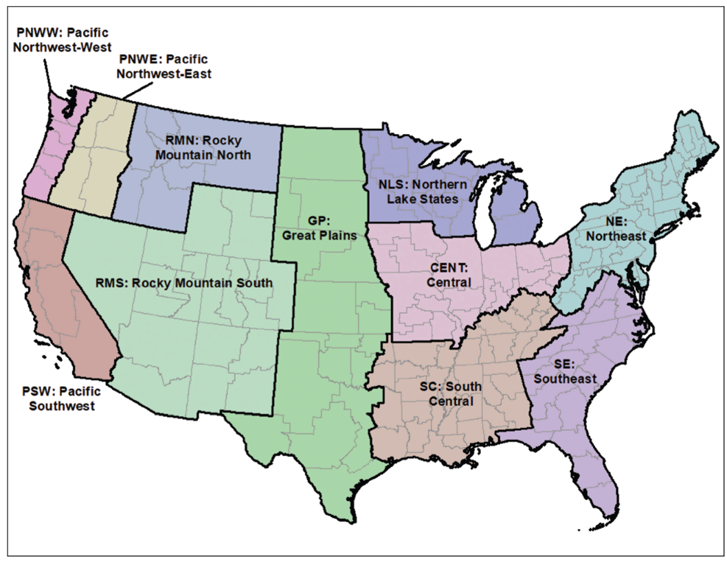 Map of broad CONUS regions applied in FACT Forest tools. Source: Adapted from USDA Entity Guidelines, Quantifying greenhouse gas fluxes in agriculture and forestry: Methods for entity-scale inventory, Technical Bulletin 1939, 2nd ed., Chapter 5, Figure 5-4.  