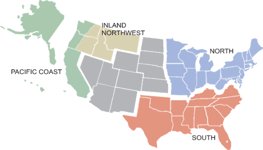 Product pathway regions. Four US forest regions for the product-level pathways incorporated within the Displacement Tool and Embodied Carbon Tool. These represent regions covered by AWC’s softwood lumber and glulam EPDs. Ten states do not have any mills represented in the AWC surveys (see gray states outlined below), and therefore they were assigned to regions with similar product sourcing and utilization profiles. North Dakota, South Dakota, Nebraska, and Kansas were placed in  the North Region and Wyoming, Colorado, Utah, Nevada, Arizona, and New Mexico were combined with the Inland Northwest to form the Rocky Mountain Region.