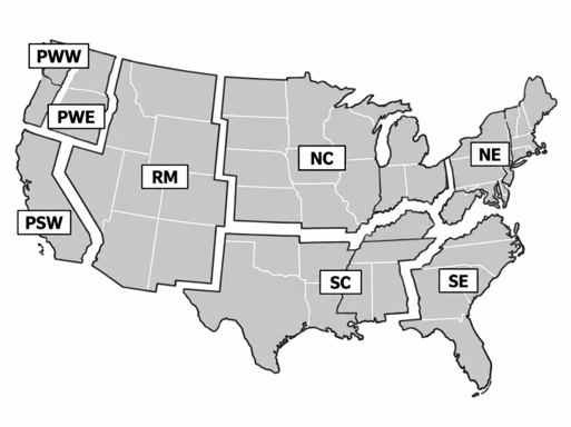 Roundwood allocation regions. Adapted from Smith et al. (2006) to reflect data resolution in Smith et al. (2006) Table D6. Pacific Northwest, West (PNW);  Pacific Northwest, East (PWE); Pacific Southwest (PSW); Rocky Mountain (RM); North Central (NC); South Central (SC); Northeast (NE); Southeast (SE).